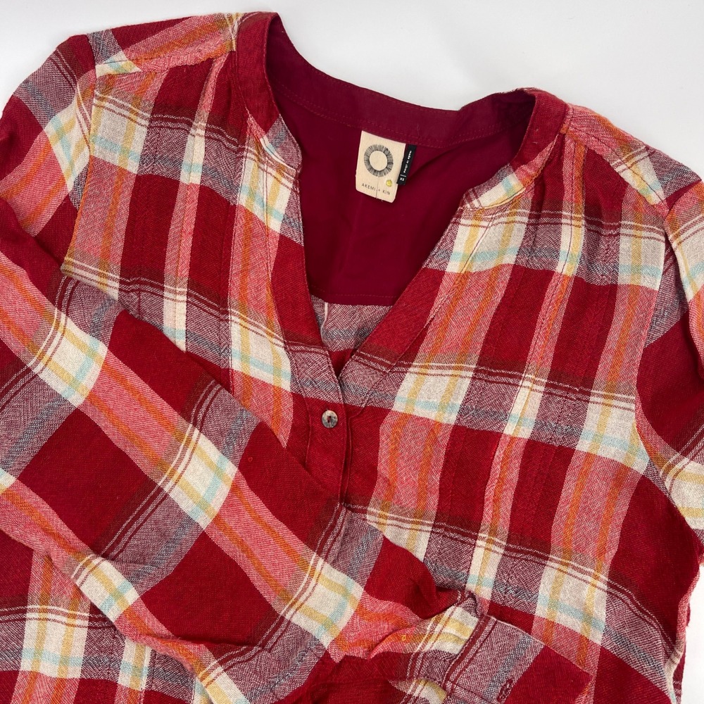 Anthropologie Akemi & Kin Red Colorway Lucie Plaid Long Sleeve Top Size XS